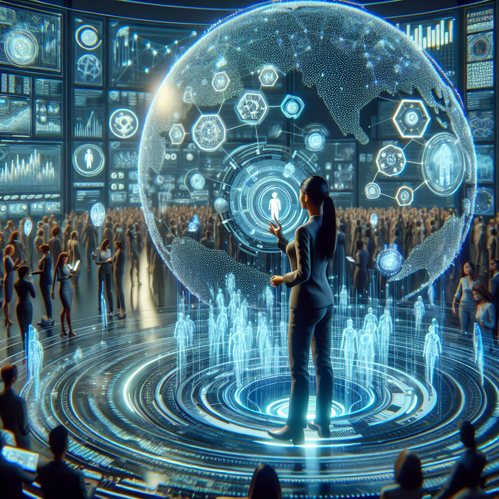 Generate an image of a futuristic data room where a recruiter manages and analyzes vast amounts of candidate data. The room is filled with holographic displays, advanced AI tools, and data-driven insights. The recruiter is shown building sustainable relationships with candidates through technology, symbolizing growth and success.
