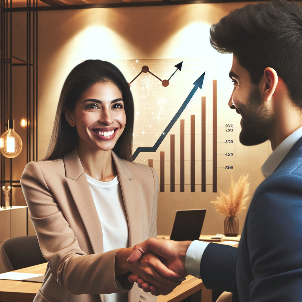 Generate an image of a satisfied client shaking hands with a recruiter in a modern office setting, with warm lighting and smiles on their faces. Visualize a visible chart in the background indicating growth in client satisfaction.