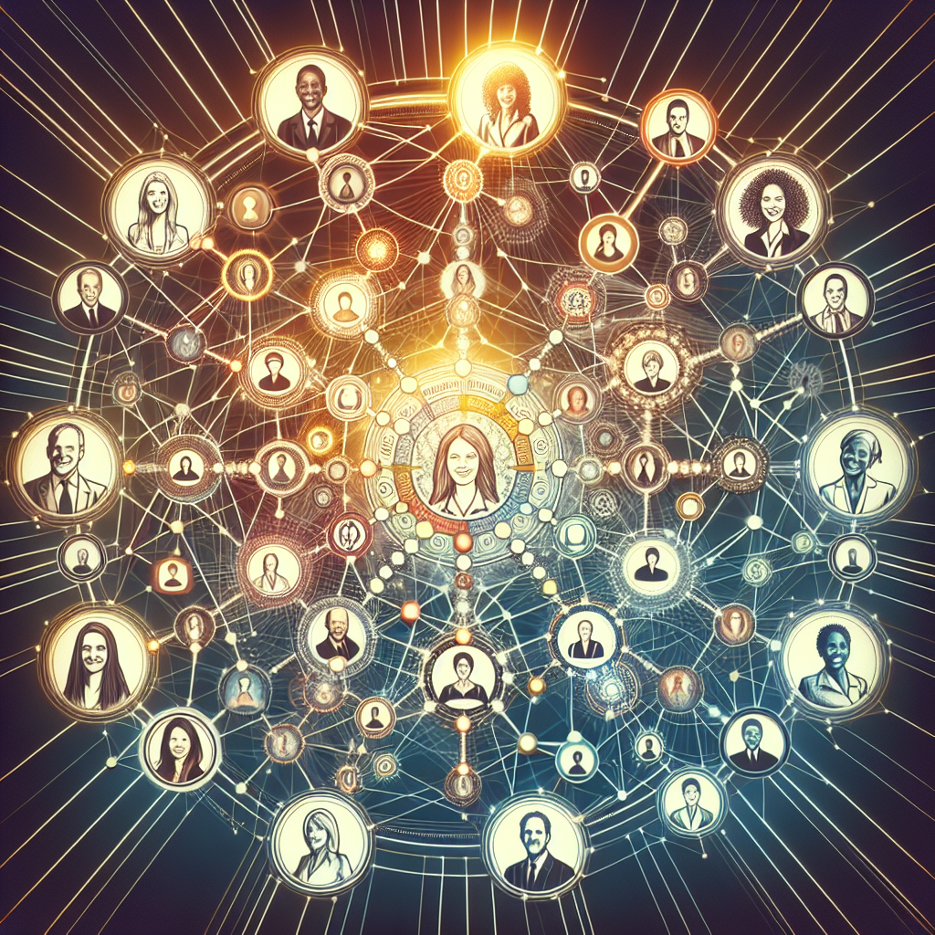 Generate an image of a web of interconnected people symbolizing word-of-mouth referrals in the recruitment sector. Each connection leads to a positive outcome, with glowing lines and happy icons representing satisfied clients who refer new leads.