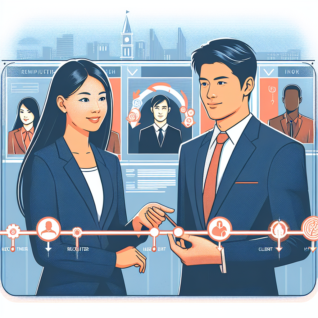 Generate an image of a recruiter and a client having a long-term professional relationship, illustrated by a timeline of milestones in the background. The timeline shows growth and development, with bright, motivating colors depicting their journey together.