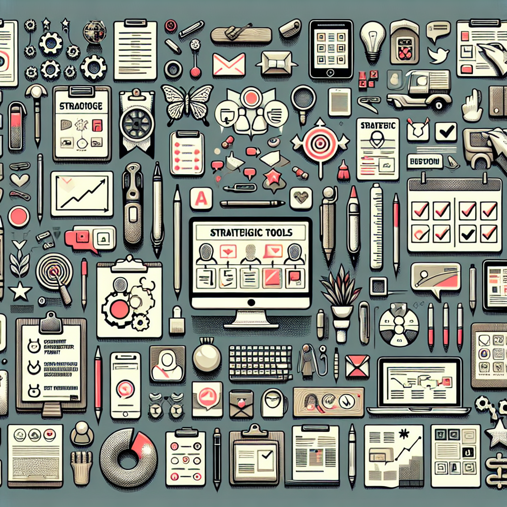 Generate an image of diverse strategy tools and tactics laid out on a table, representing effective strategies for client satisfaction. Include items like feedback forms, customer journey maps, and digital tools, with clear labels and a neat, organized appearance.