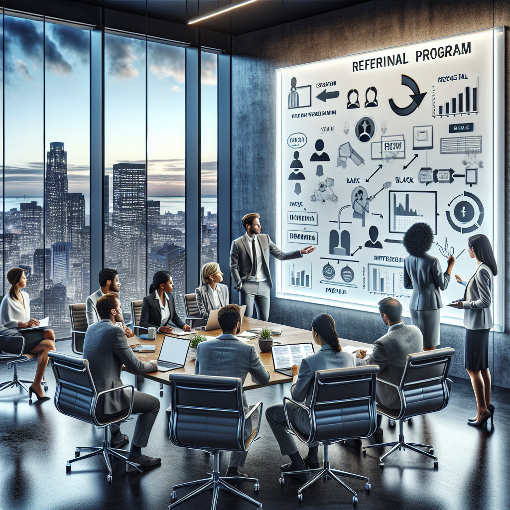 Generate an image of a business meeting where employees are discussing and brainstorming ideas for a new referral program. The setting is a modern, sleek office with a large glass window showing a cityscape in the background. Objects in the room include laptops, notepads, and a whiteboard filled with notes and diagrams.