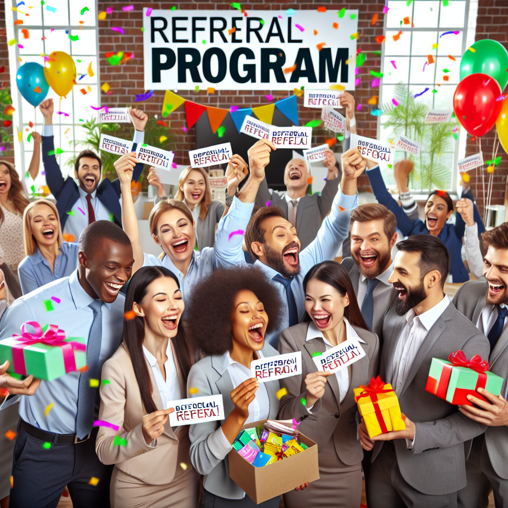 Generate an image of a successful referral program campaign. Show happy and diverse employees holding referral cards and receiving rewards such as gift cards, vouchers, or bonuses. The atmosphere is celebratory with confetti and balloons in the office.