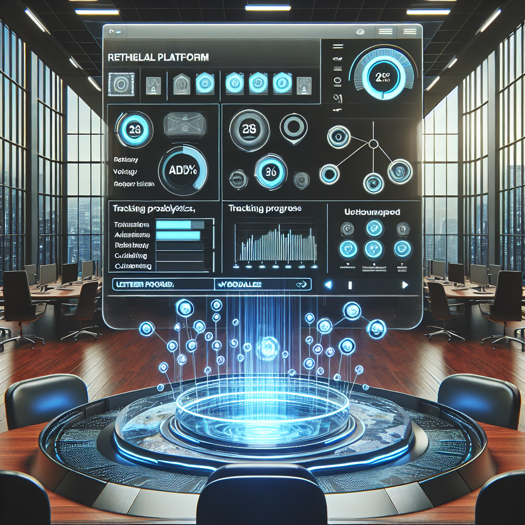 Generate an image of a technology platform dashboard used for managing referral programs. The interface should display clear data analytics, progress tracking, and customizable referral links. The background shows a futuristic office space with virtual reality elements.