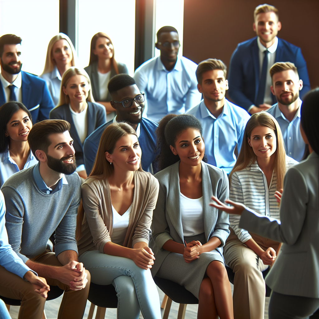 Generate an image of a testimonial success story sharing session. Employees are gathered around, listening to a colleague sharing their positive experience with the company's referral program. The scene is warm and engaging, with a focus on human interaction and storytelling.