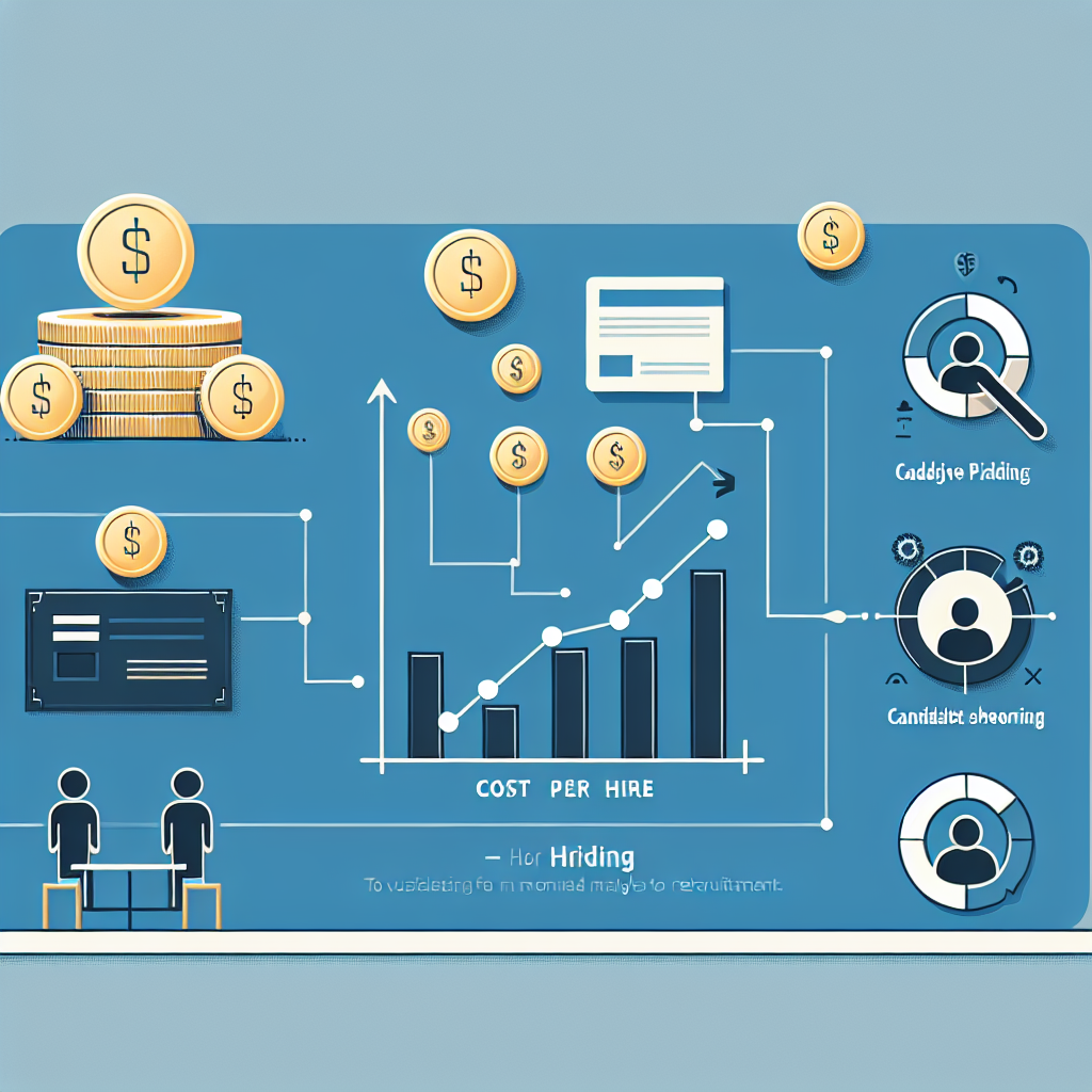 Generate an image illustrating the concept of 'Cost Per Hire' in recruitment using a sleek and modern infographic style. Show a visual representation of money, hiring processes, and analytical charts to convey the financial aspects of recruitment.