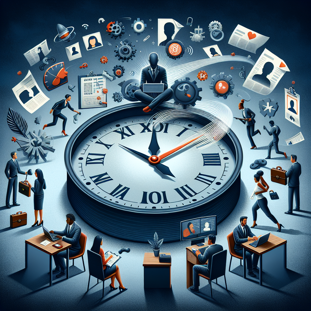 Generate an image depicting 'Time to Fill' as a dynamic and engaging visual. Show a clock or calendar integrated with recruitment activities like interviews and candidate evaluations, highlighting the urgency and efficiency of the process.