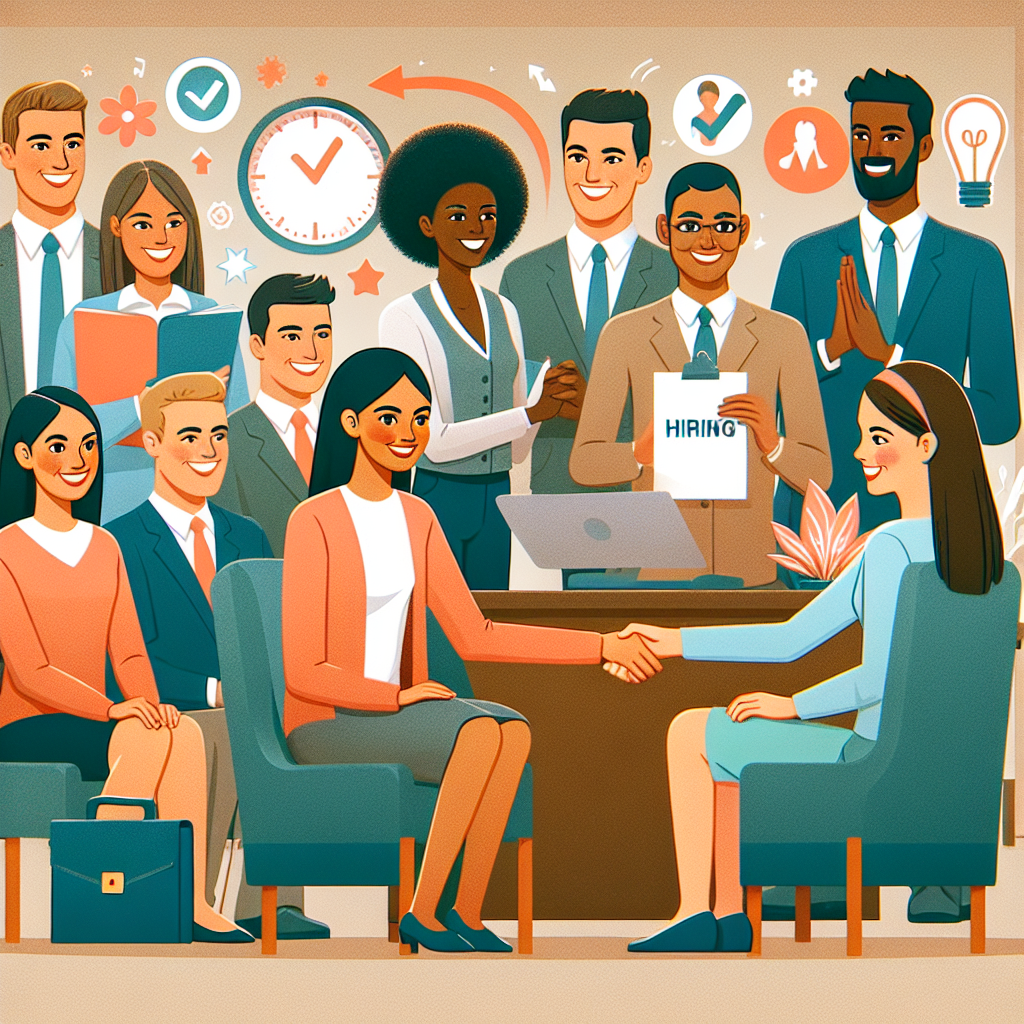Generate an image that represents 'Candidate Experience' in recruitment through an empathetic and welcoming style. Illustrate candidates having a positive and smooth journey from application to hiring, including friendly interactions and efficient processes.