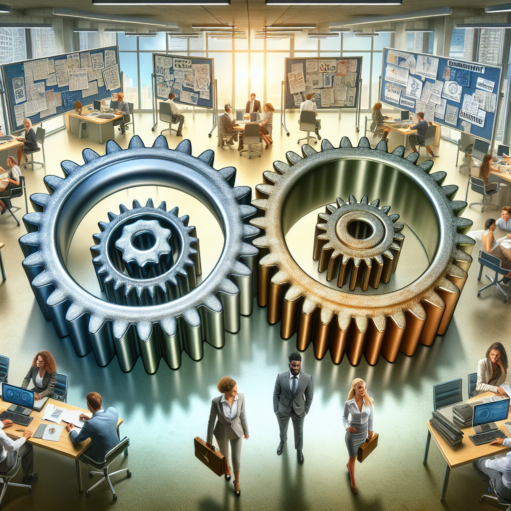 Generate an image illustrating two interconnected gears, one labeled 'Sales' and the other 'Marketing,' within a vibrant recruitment office setting. The gears are turned by diverse professionals collaborating harmoniously.