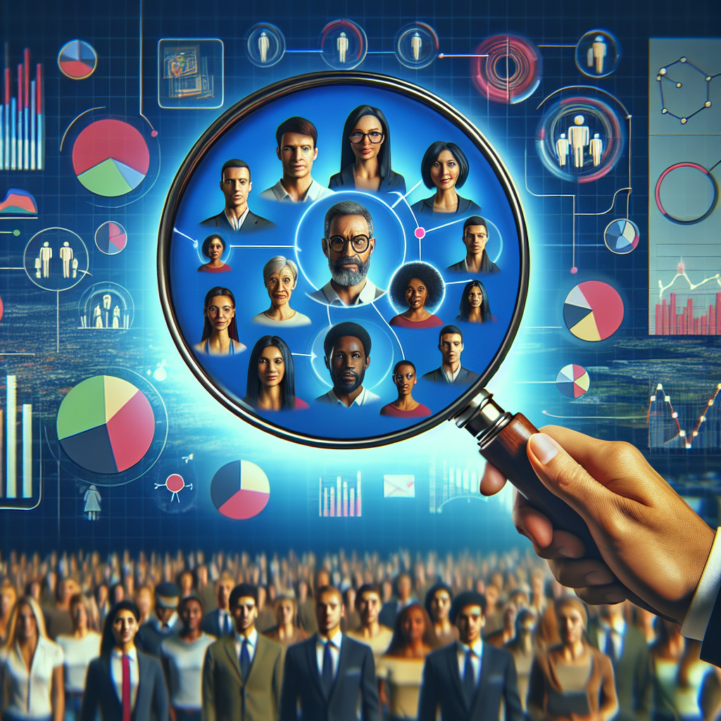 Generate an image of a magnifying glass focusing on segmented groups of people, symbolizing target audience analysis. The background shows a digital landscape with graphs and charts.