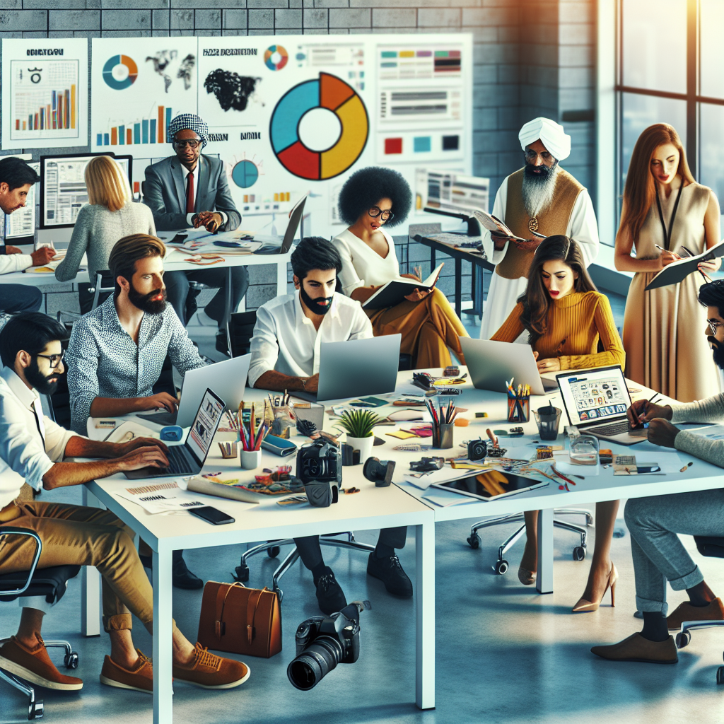 Generate an image of a content creation process, with a creative team brainstorming and developing multimedia content like blogs, videos, and infographics in a modern office space. The scene is buzzing with energy and innovation.