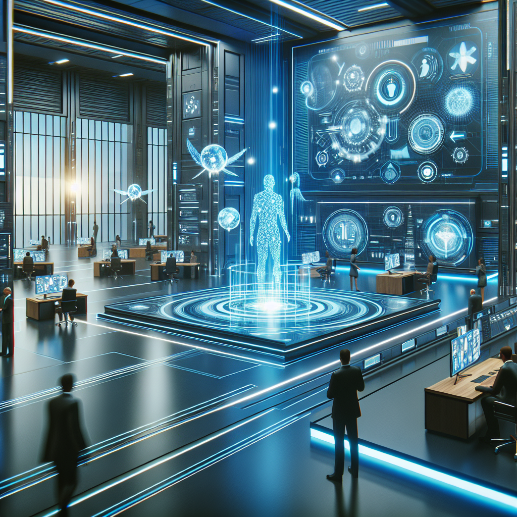Generate an image of a futuristic recruitment technology hub, with holographic displays, AI assistants, and recruiters engaging with potential candidates through virtual reality. The atmosphere is sleek and cutting-edge.