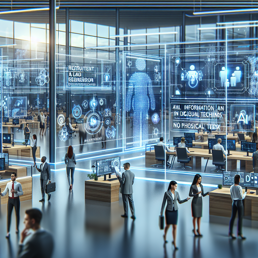 Generate an image of a futuristic office space where advanced technologies like AI and virtual reality are being used for recruitment and lead generation. The setting should be modern and high-tech, with holographic displays and interactive digital interfaces.