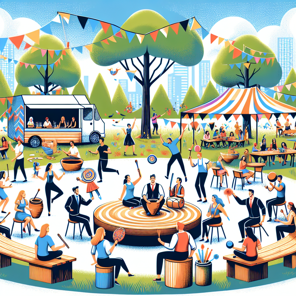 Generate an image of a brand-focused company event aimed at employer branding. The scene should feature a lively community-building event with employees engaging in team-building activities, workshops, and social gatherings in a vibrant outdoor setting.