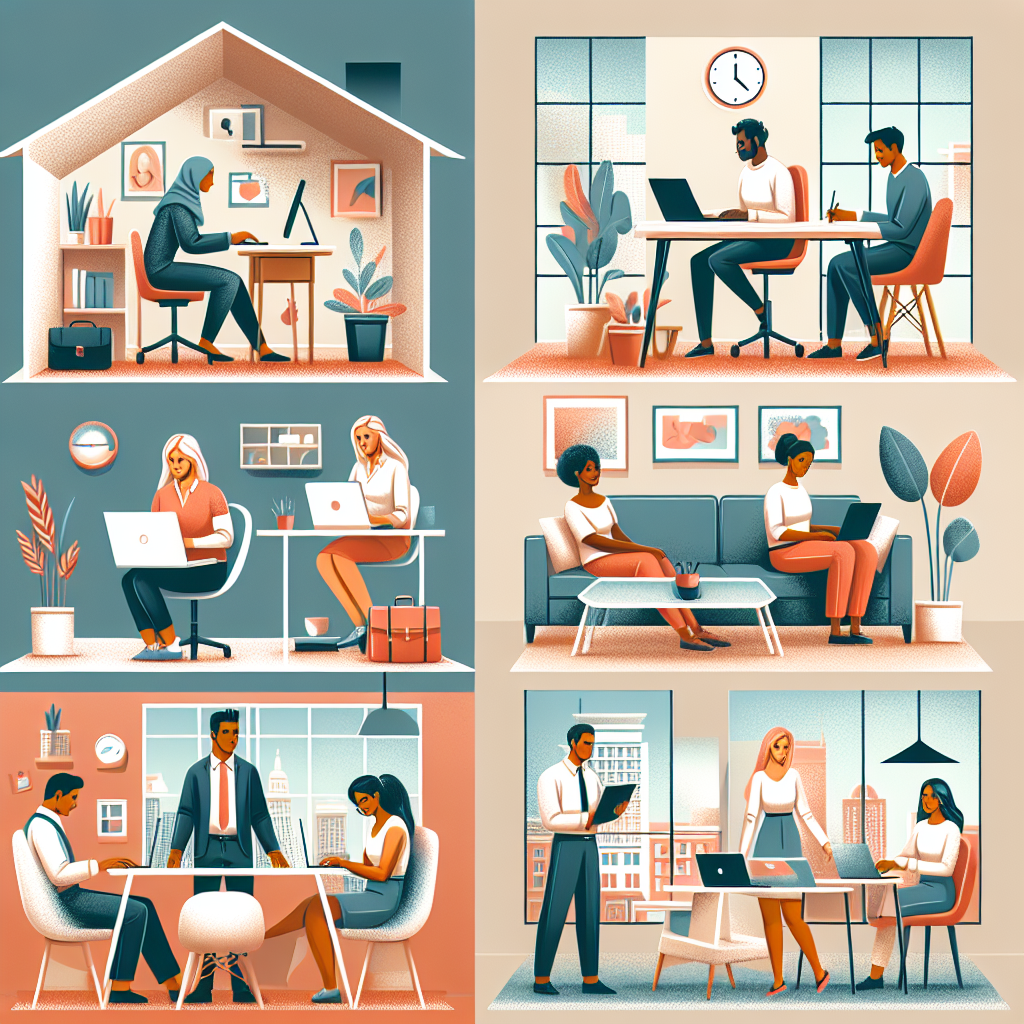 Generate an image of a hybrid workspace that promotes flexible work options. The setting should show employees working in various environments such as a home office, a coworking space, and a corporate office, highlighting the blend of professional and personal life.