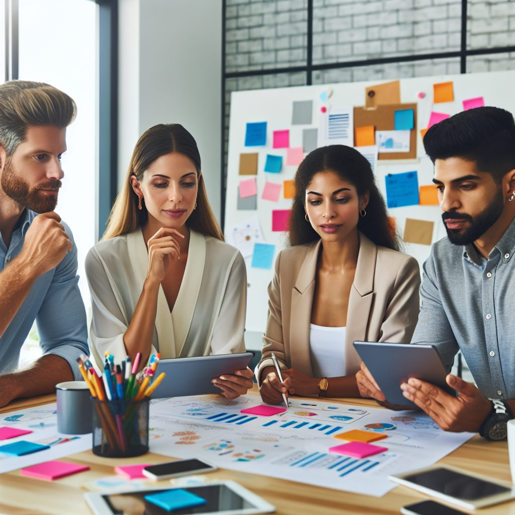 Generate an image of a content marketing strategy meeting with a team collaborating on ideas. The setting should be a creative office with whiteboards, sticky notes, and digital tablets.