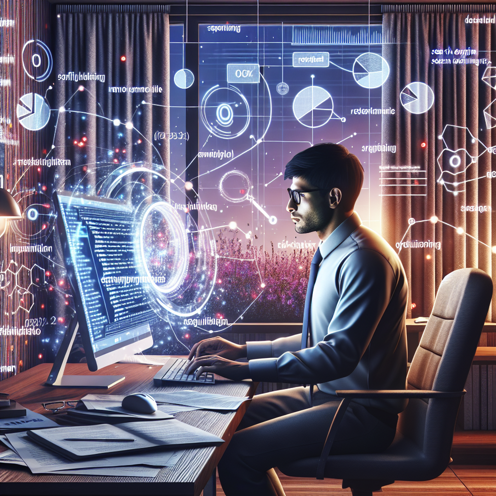 Generate an image showing a person optimizing a recruitment website for SEO on a computer. The background should feature various digital marketing elements such as keywords, graphs, and coding symbols.