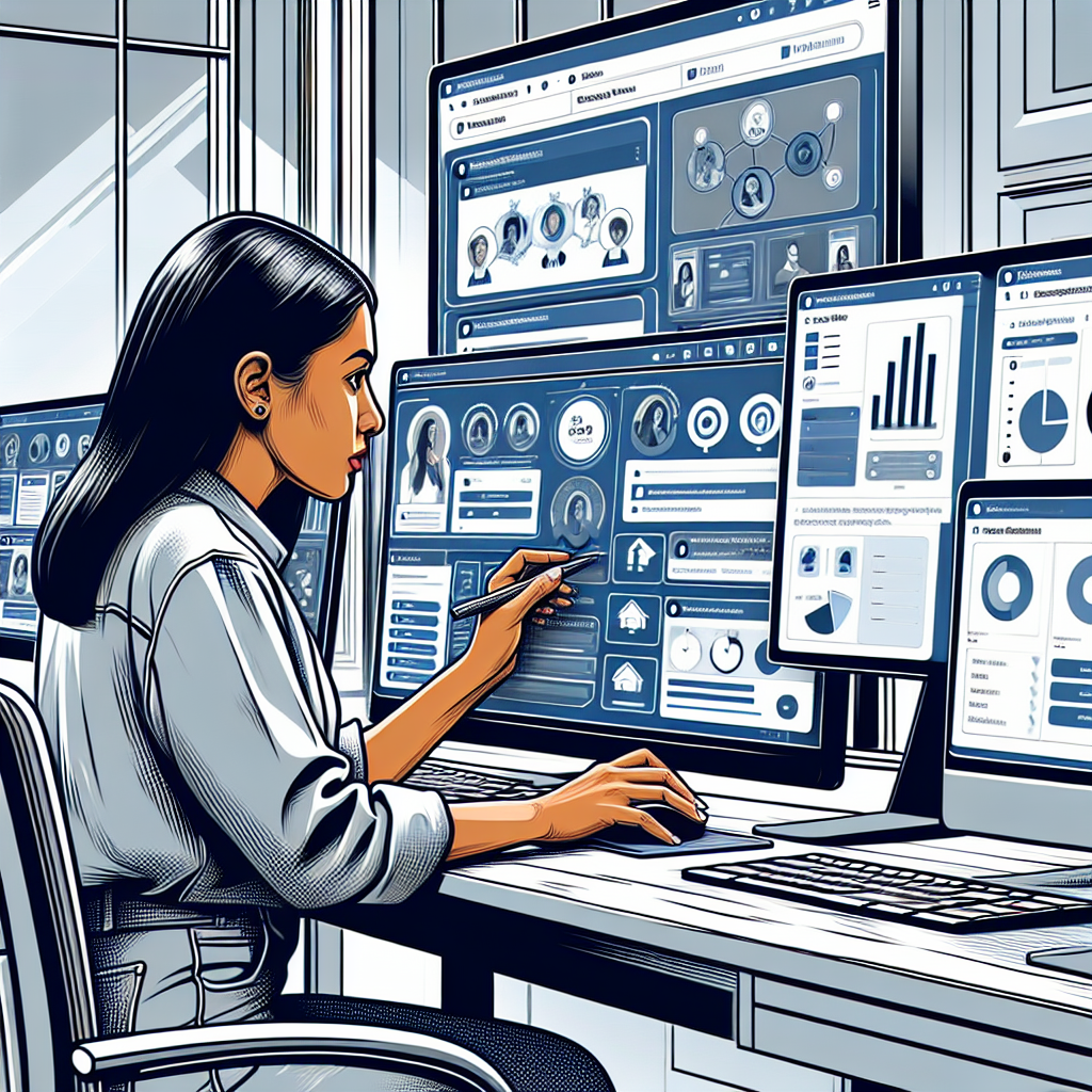 Generate an image of a social media manager using various platforms to leads. Visualize a multi-screen setup displaying different social media dashboards, with a professional focused on strategy.