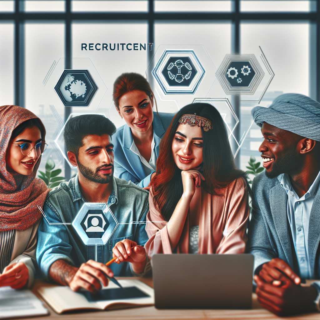 Generate an image of a diverse group of professionals in a modern office setting, engaging with each other and using digital devices, symbolizing collaboration and influencer marketing for recruitment. The environment is vibrant and dynamic, reflecting the energy of strategic partnerships.