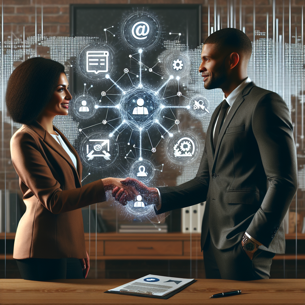 Generate an image of a recruiter shaking hands with a popular influencer, with a background of social media icons and graphs. This illustrates the partnership aspect of influencer marketing for recruitment, showcasing the synergy between recruiters and influencers in a digital context.