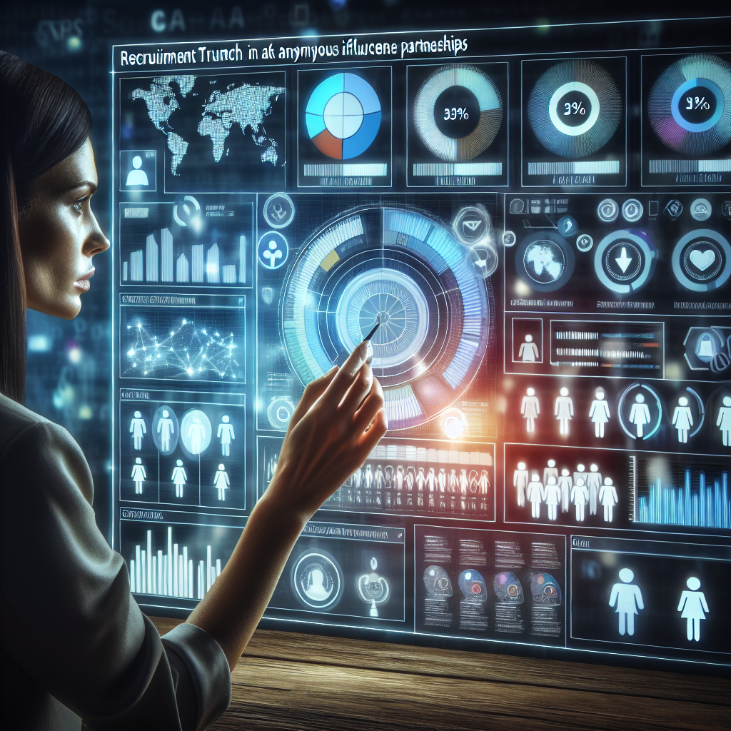 Generate an image of a digital dashboard displaying analytics and metrics, with icons representing different social media platforms. Include a recruiter analyzing the data on the screen, which symbolizes measuring success in recruitment through influencer collaborations.