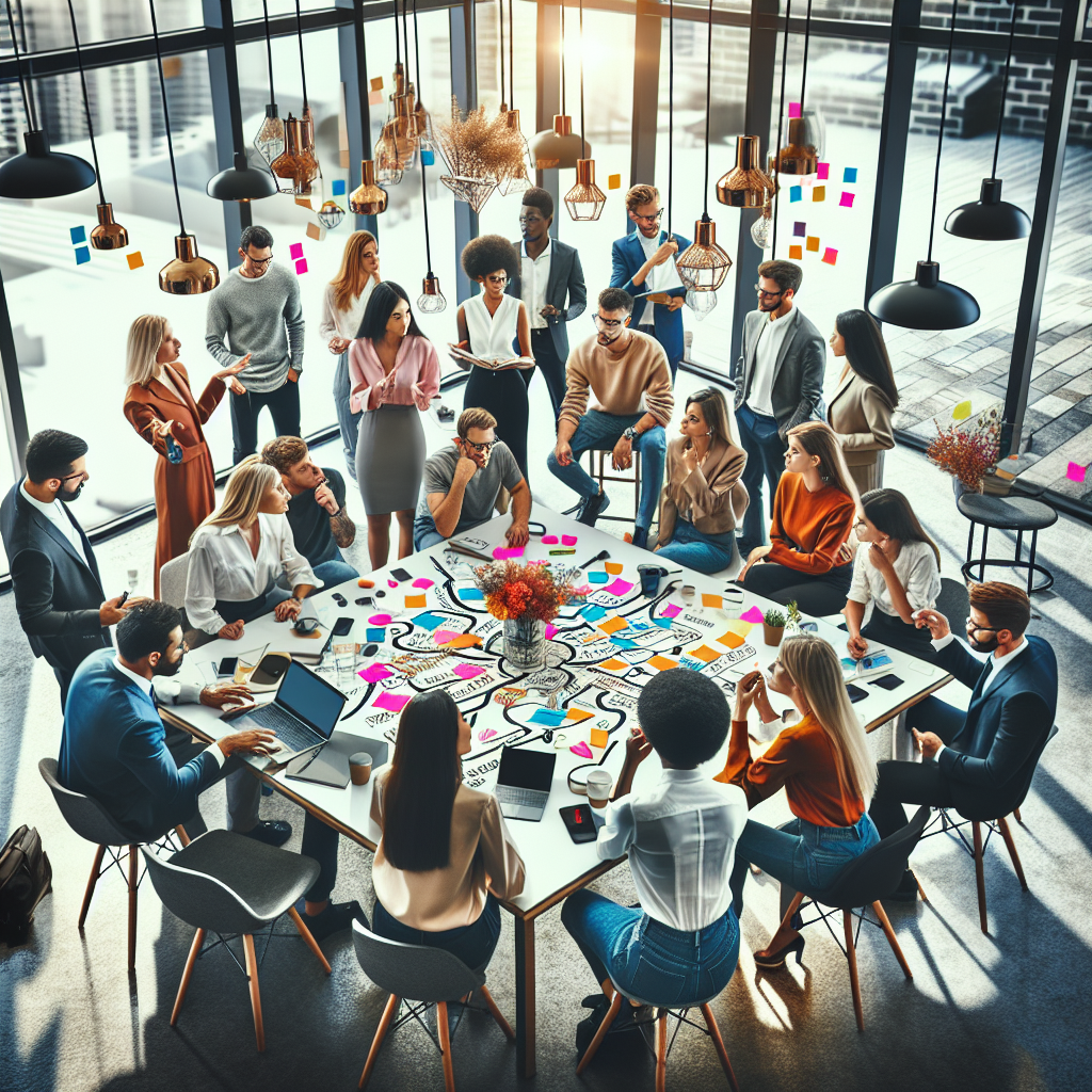 Generate an image of a creative brainstorming session in a stylish co-working space, where recruiters and influencers are exchanging ideas. The scene should be energetic, showcasing mind maps, sticky notes, and various creative tools used to define target audiences and create valuable content.