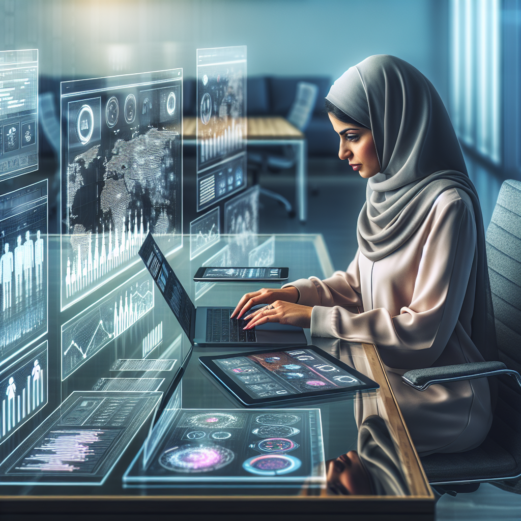 Generate an image of a recruitment professional analyzing data on various devices like laptops, tablets, and smartphones in a modern office setting. The background should highlight data charts, graphs, and analytics screens, emphasizing a data-driven recruitment strategy.