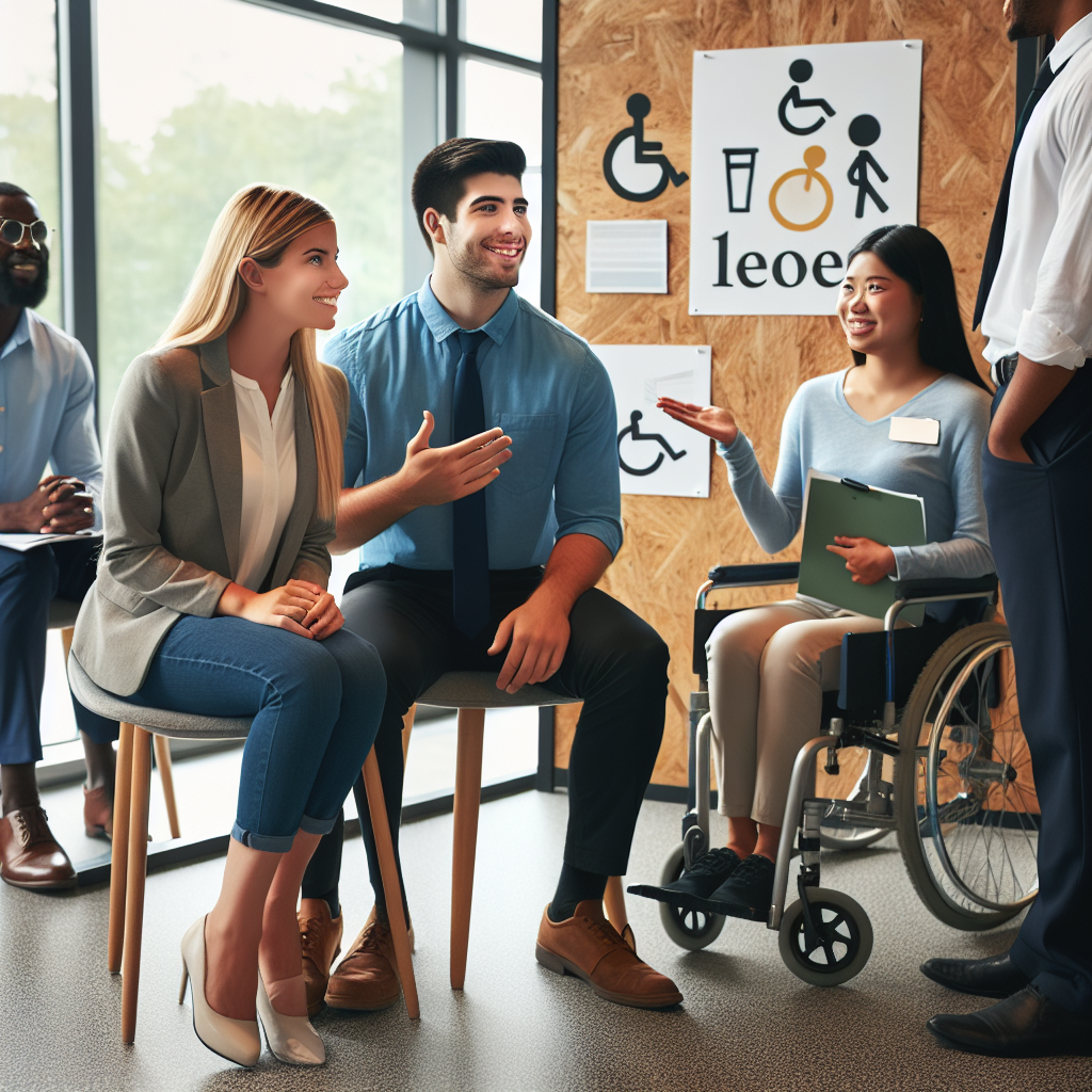 Generate an image of a diverse group of candidates in a brightly-lit, contemporary office space, showcasing diversity and inclusion. Ensure the candidates represent different ethnicities, genders, and abilities, engaging in friendly conversations with recruiters.