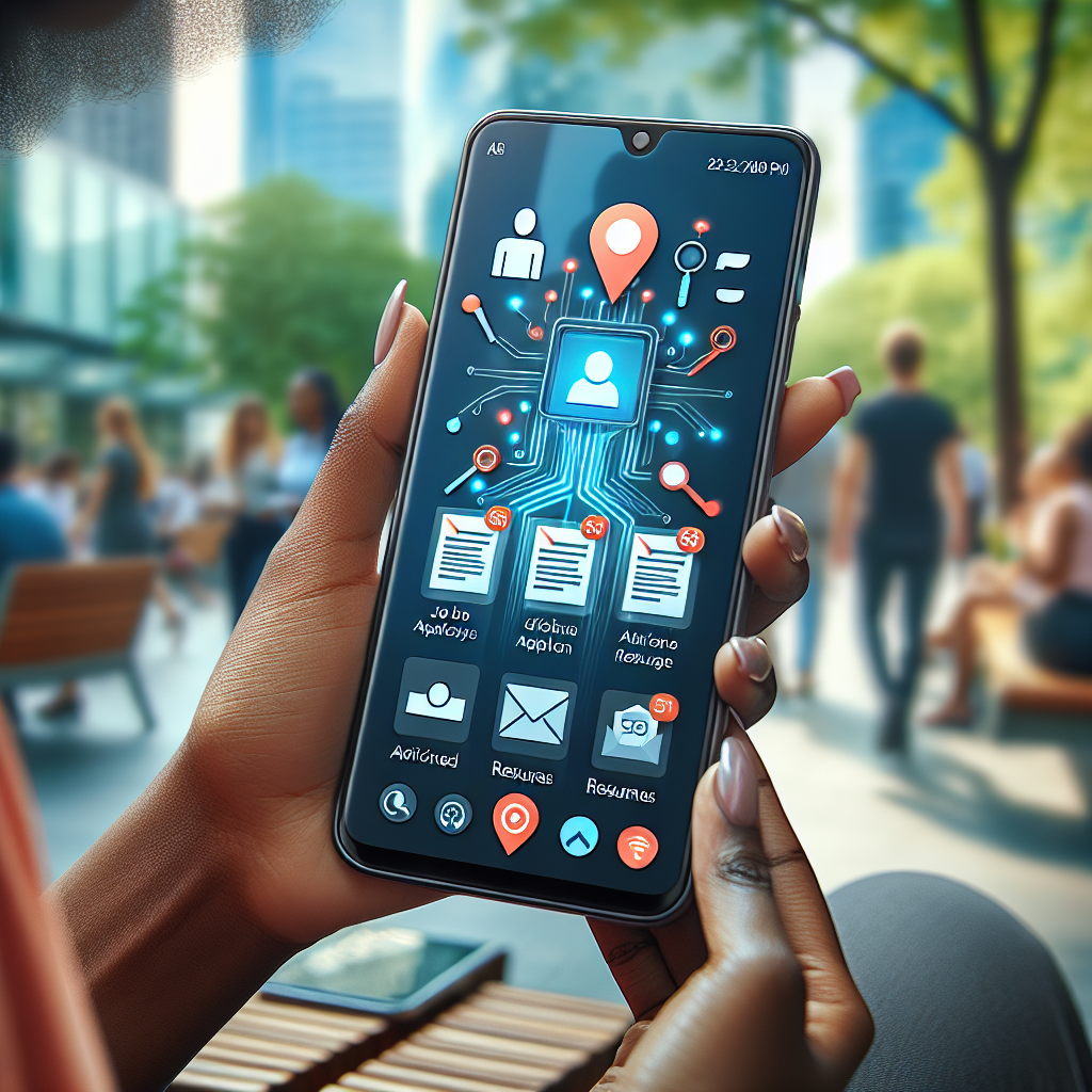 Generate an image of a sleek mobile phone with notifications for job applications and candidate profiles. The phone is in the hands of a recruiter, in an urban outdoor setting, symbolizing mobile recruitment and on-the-go hiring processes.