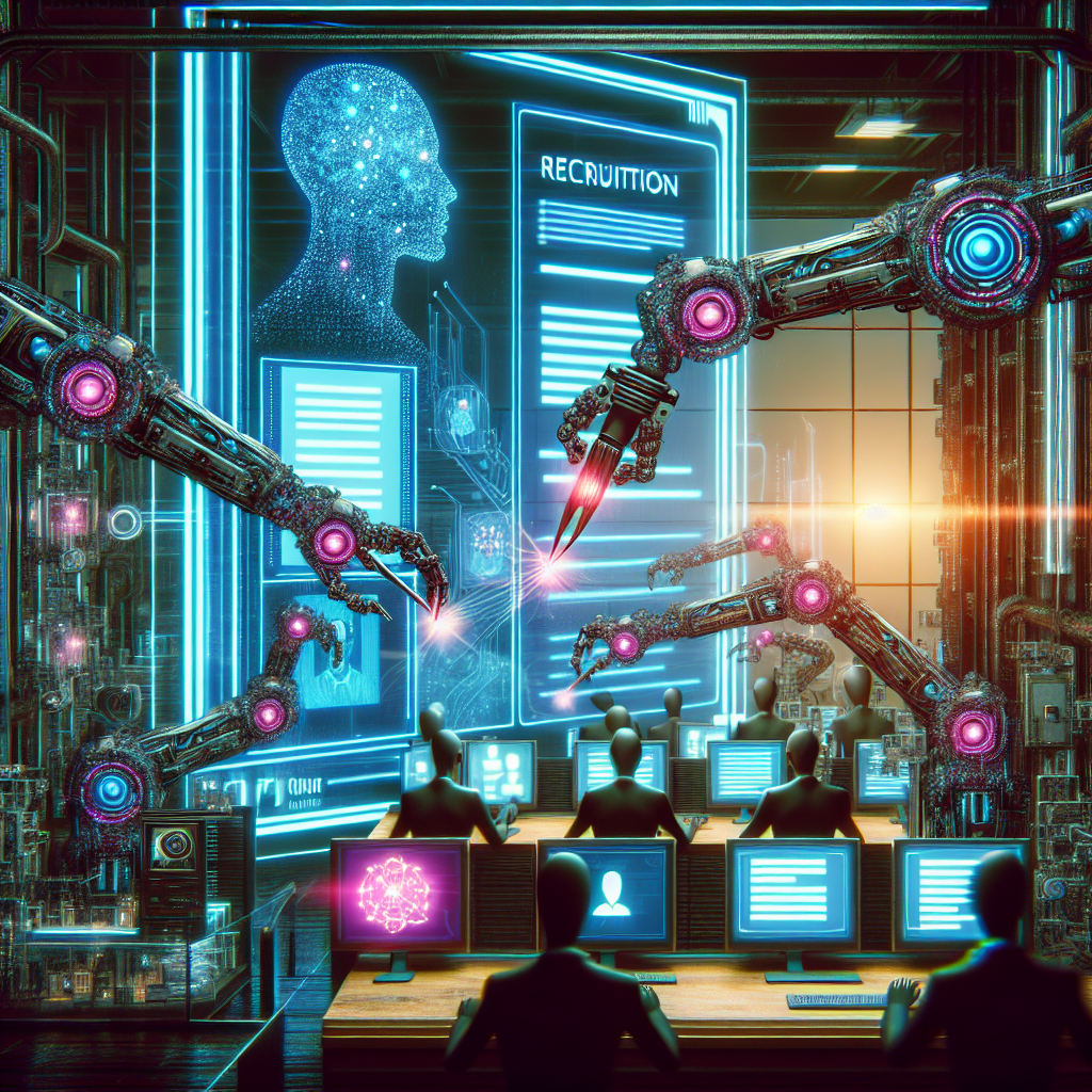 Generate an image of an automated recruitment system with robotic arms sorting through resumes and application forms. The background should depict a futuristic office environment, illustrating the concept of automation in the recruitment process.