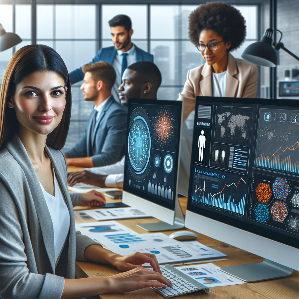 Generate an image that depicts a professional recruiter working on lead segmentation. Showcase a modern office setting with a diverse team, computer screens displaying data analytics, and charts.