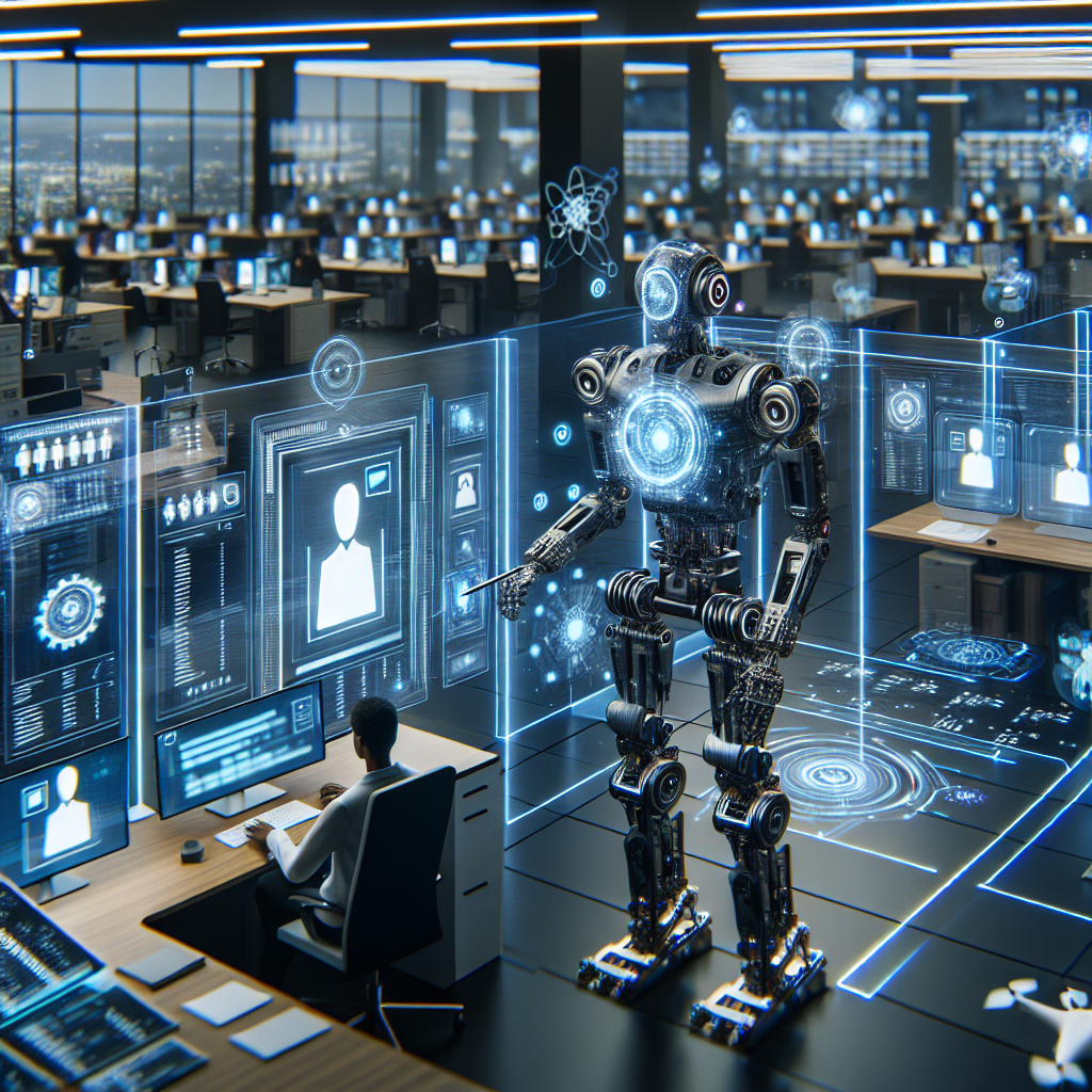 Generate an image illustrating the use of advanced technology in recruitment. Features should include AI-powered software, robots assisting in sorting resumes, and futuristic devices in a high-tech office environment.