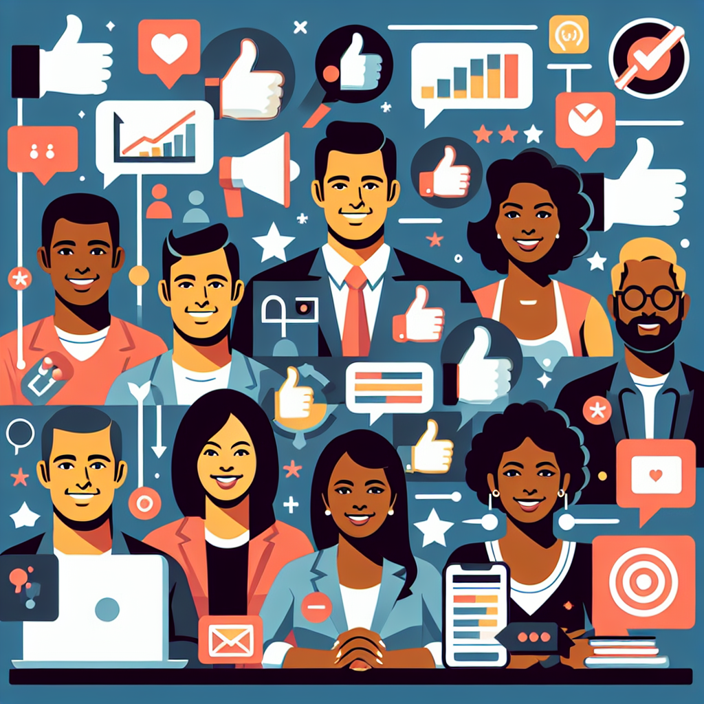 Generate an image highlighting the power of social proof in converting leads. Show happy clients and successful placements, with testimonials and social media icons integrated into the scene to emphasize trust and credibility.