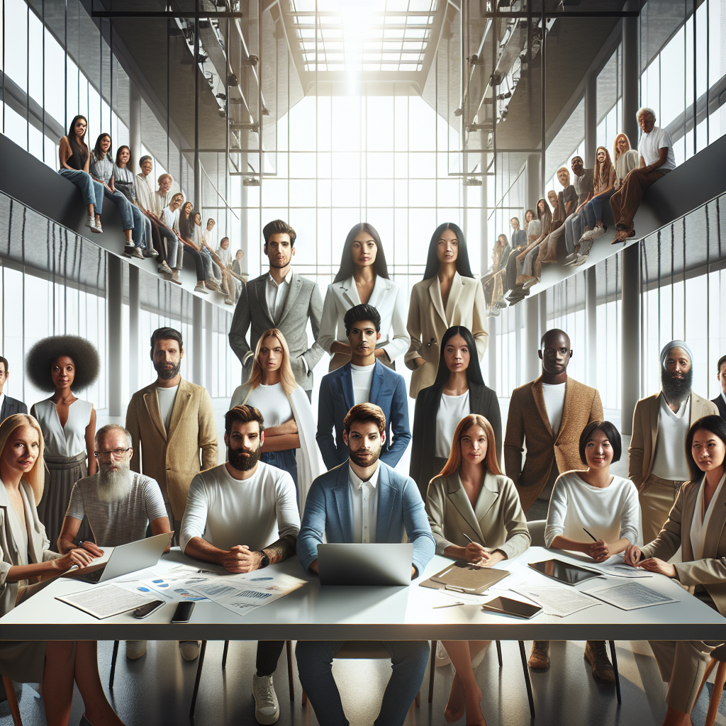 Generate an image of a diverse group of candidates, each with a unique background and skillset, gathered around a table covered with documents and laptops, representing the different needs of each candidate. The setting should be a modern, collaborative workspace with a bright, motivational atmosphere.