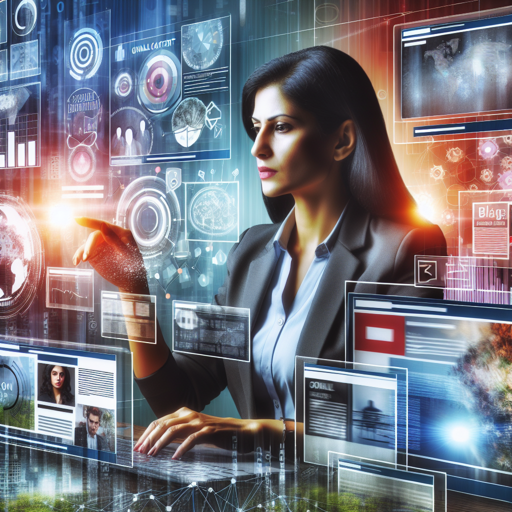 Generate an image of a marketer analyzing various online content formats on multiple screens, such as blogs, videos, infographics, and social media posts. The background should convey a digital environment with abstract elements representing data analysis and content personalization.