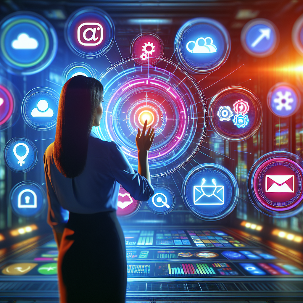 Generate an image of a marketer choosing channels for content distribution. The image should feature a futuristic control room with holographic displays and a marketer selecting between different icons representing social media platforms, email, websites, and job portals. The colors should be vibrant and the atmosphere dynamic.
