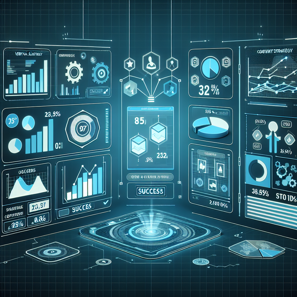 Generate an image of a graph or dashboard showcasing the successful measurement of content strategy results. The foreground should have a clean and modern design, with charts, graphs, and statistics displayed prominently. The background should hint at a virtual workspace with subtle tech elements.