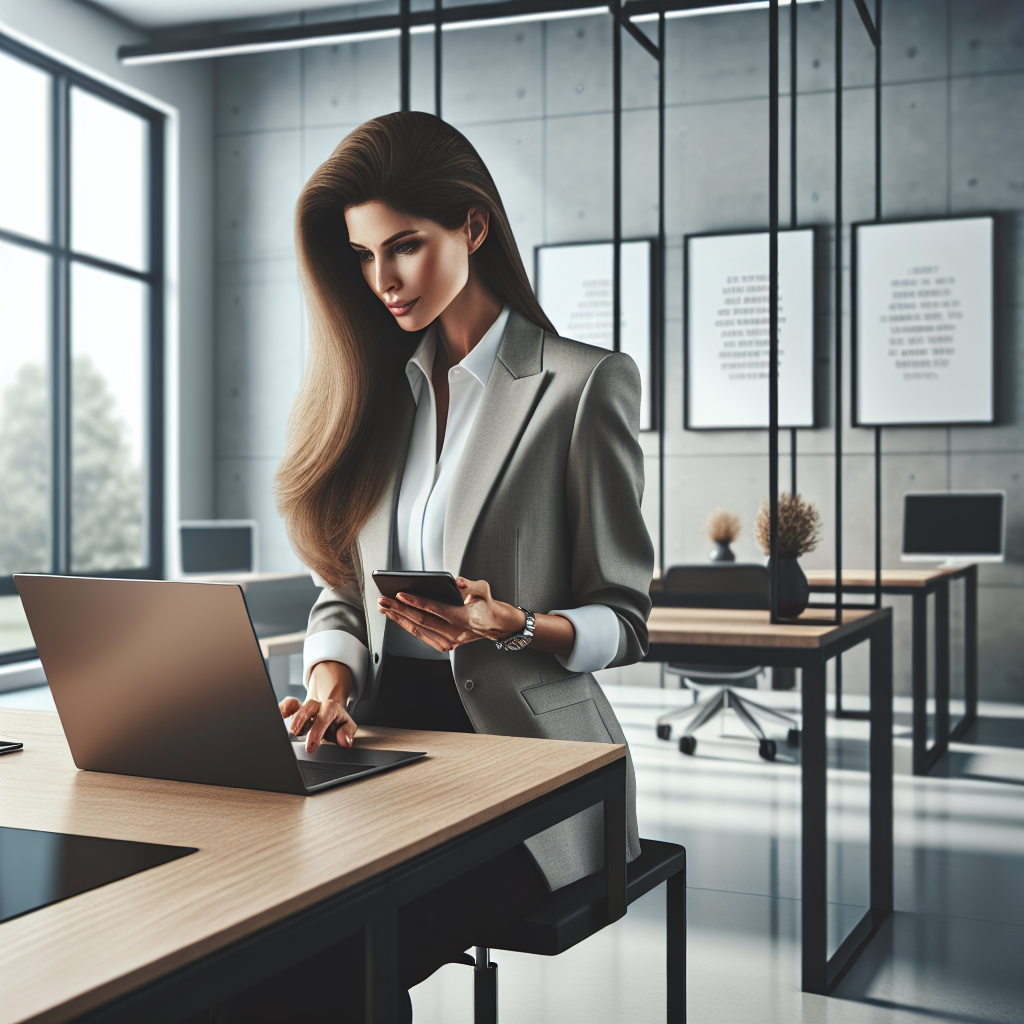 Generate an image of a professional office setting where a recruiter is following up with a lead using a laptop and phone. The scene should depict a modern, clean workspace with motivational posters on the wall and a feeling of efficiency and professionalism.