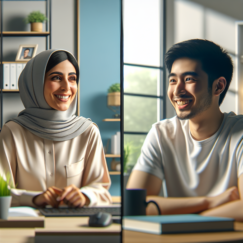 Generate an image of a recruiter having a video call with a potential candidate. The image should show a split-screen with the recruiter on one side in a modern office and the candidate on the other side at home, both smiling and engaged in the conversation.