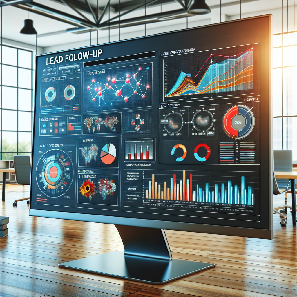 Generate an image of a dashboard with analytics and charts showing the effectiveness of different lead follow-up methods. The dashboard should be colorful, detailed, and displayed on a large computer screen in a bright, contemporary office environment.