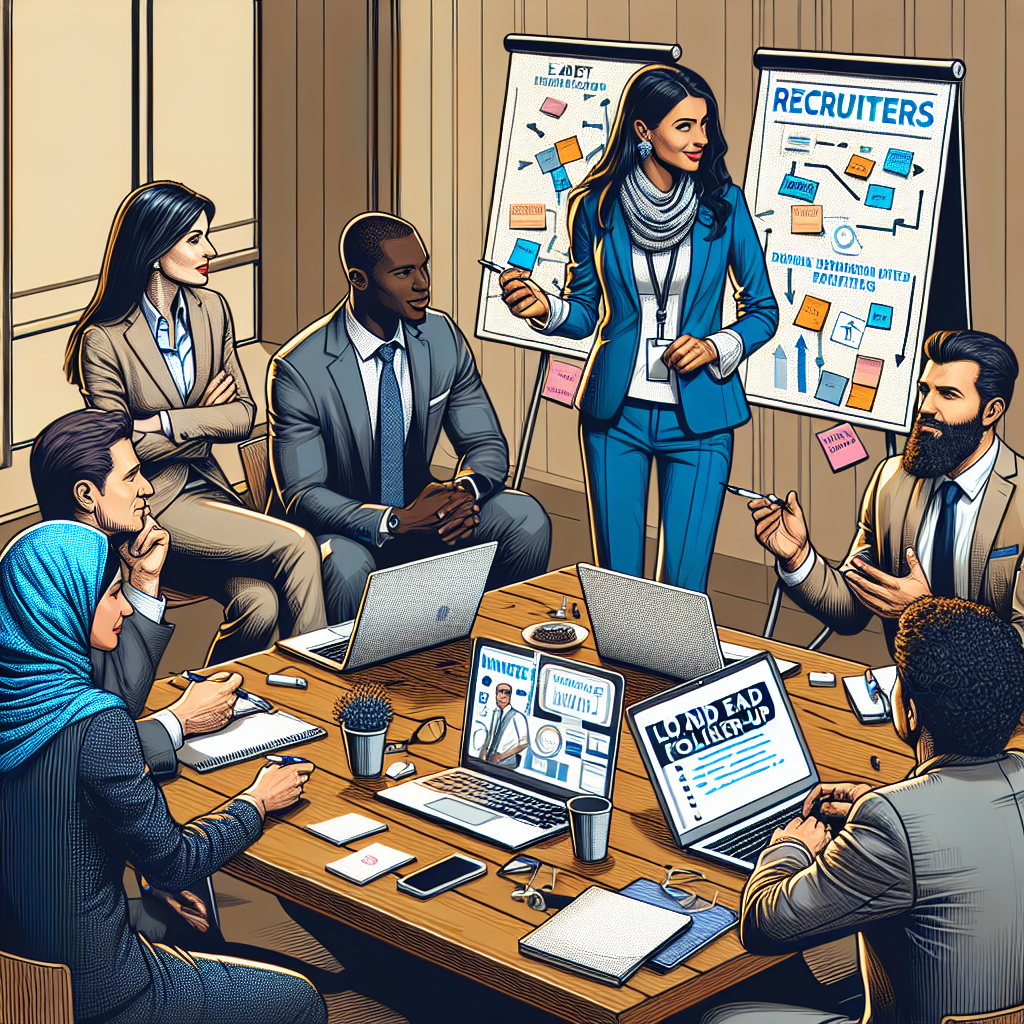 Generate an image of a diverse team of recruiters in a brainstorming session, discussing lead follow-up strategies. The scene should be vibrant and dynamic with post-it notes, whiteboards, and laptops in use, reflecting innovation and collaboration.