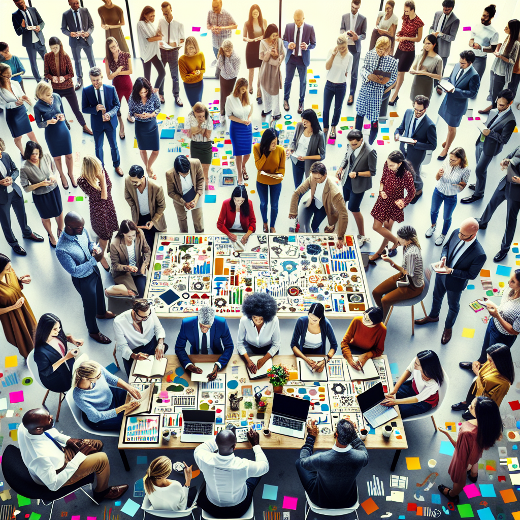 Generate an image that depicts a vibrant office environment where sales and marketing teams are collaborating around a large table. They are brainstorming ideas with sticky notes, charts, and laptops, showcasing unified teamwork for better recruitment lead generation. The atmosphere is energetic and innovative.