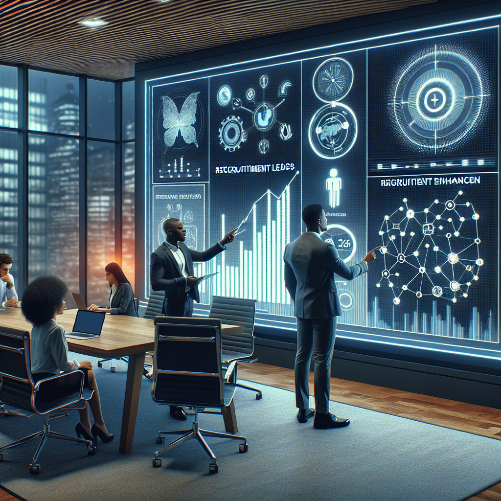Generate an image illustrating a sophisticated data analysis dashboard displayed on a large screen in a modern office. Both sales and marketing professionals are examining the data together, discussing strategies to enhance recruitment leads. The setting should convey a high-tech and collaborative workplace.