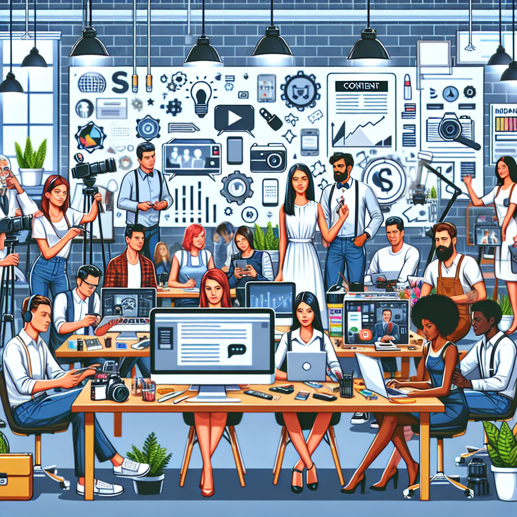 Generate an image of a creative workshop setting, where sales and marketing team members are co-creating content. They are surrounded by various creative tools like cameras, microphones, and design software, highlighting the process of generating engaging content for lead generation. The image should have a dynamic and artistic vibe.