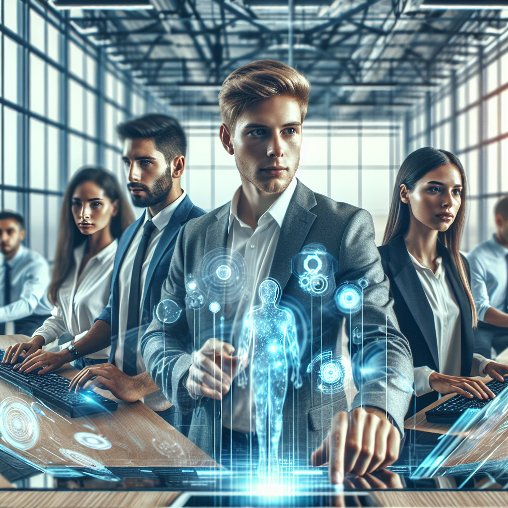 Generate an image featuring a futuristic office with advanced technology, where sales and marketing teams are utilizing AI tools for optimizing lead generation. The teams are interacting with holographic screens and smart devices, symbolizing the use of cutting-edge technology in their collaborative efforts.
