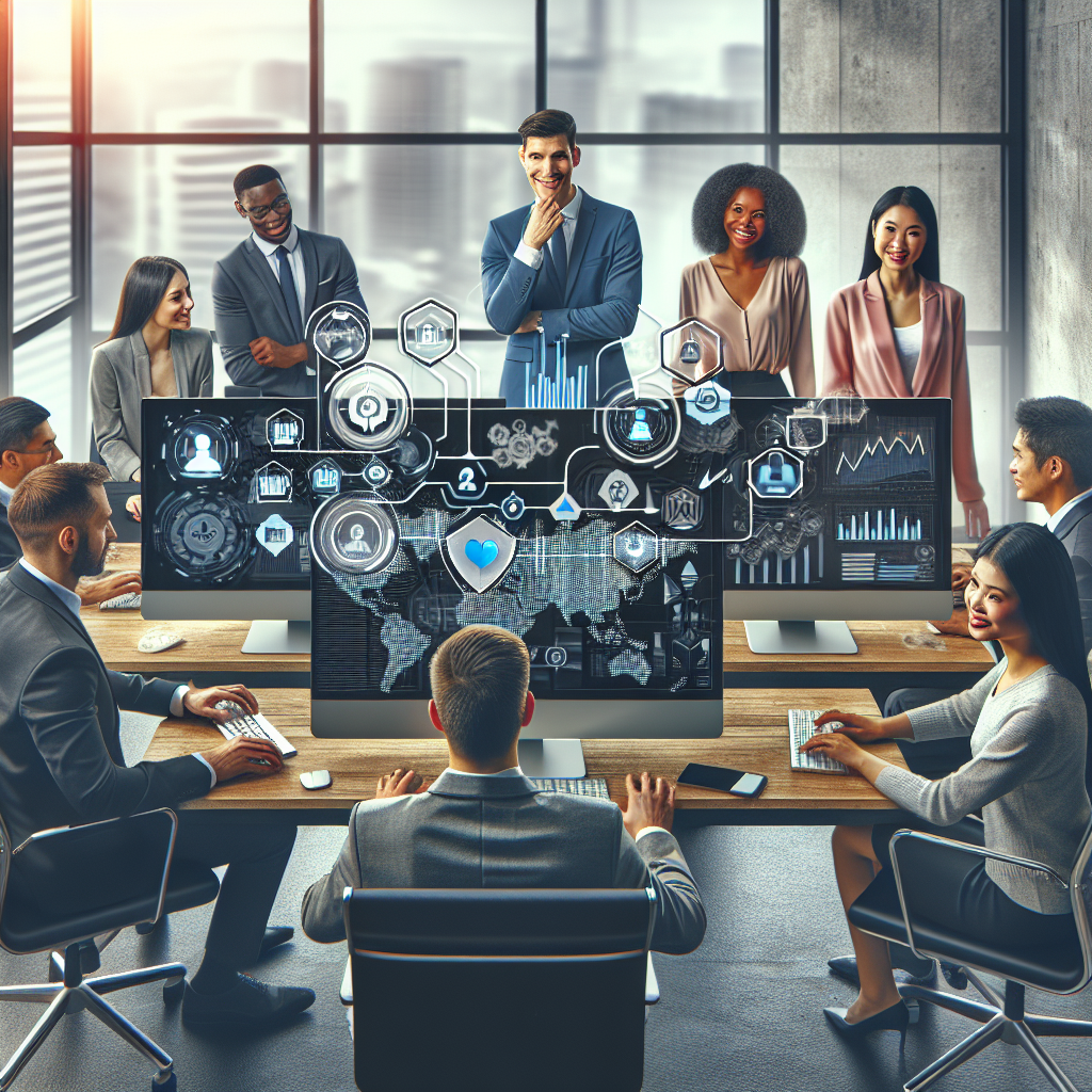 Generate an image depicting a corporate recruiting office. The office is filled with diverse professionals collaborating in an open-plan environment. Various diagrams and analytics dashboards are visible on computer screens, illustrating the process of understanding target audiences for B2B leads.