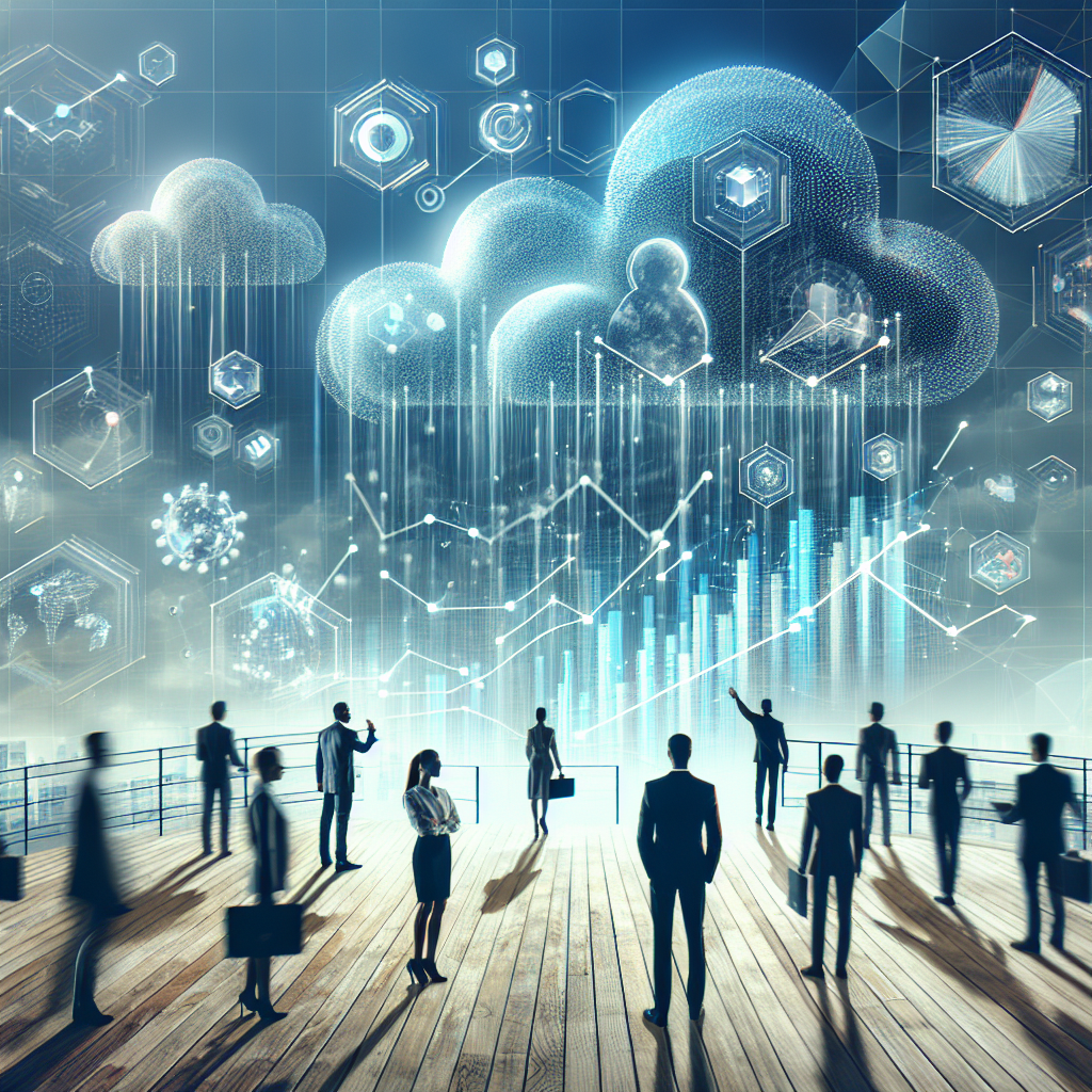 Generate an image showcasing a futuristic marketplace. The marketplace is filled with abstract, floating digital charts and graphs representing market changes and B2B lead generation. People in business attire are interacting with the digital elements, symbolizing adaptation to market shifts.