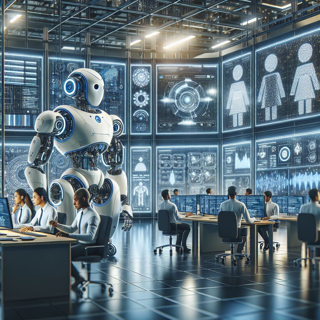 Generate an image of a technological command center. The room is filled with advanced machinery, AI robots, and large digital boards displaying real-time data on lead qualification processes. A team of professionals is busy analyzing the data, ensuring the highest quality B2B leads.