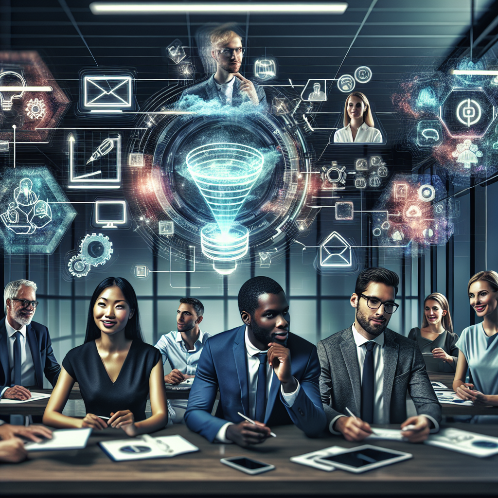 Generate an image of a sleek, modern workspace where technology meets creativity. There are holographic screens displaying communication strategies and tools. A team of young, innovative professionals is brainstorming and collaborating actively, symbolizing the importance of communication in B2B lead generation.