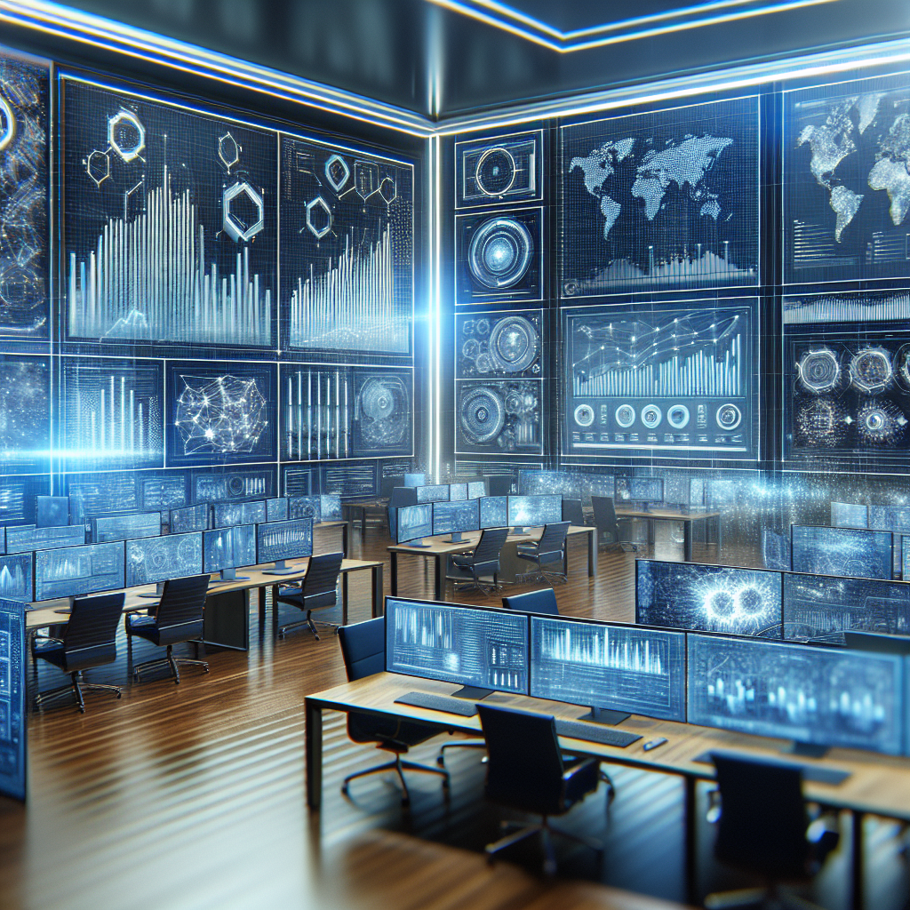 Generate an image capturing data-driven marketing analytics in executive search, showcasing graphs, charts, and algorithms on digital screens in a modern office setting. The atmosphere should be innovative, with a sophisticated color palette of blues and silvers.